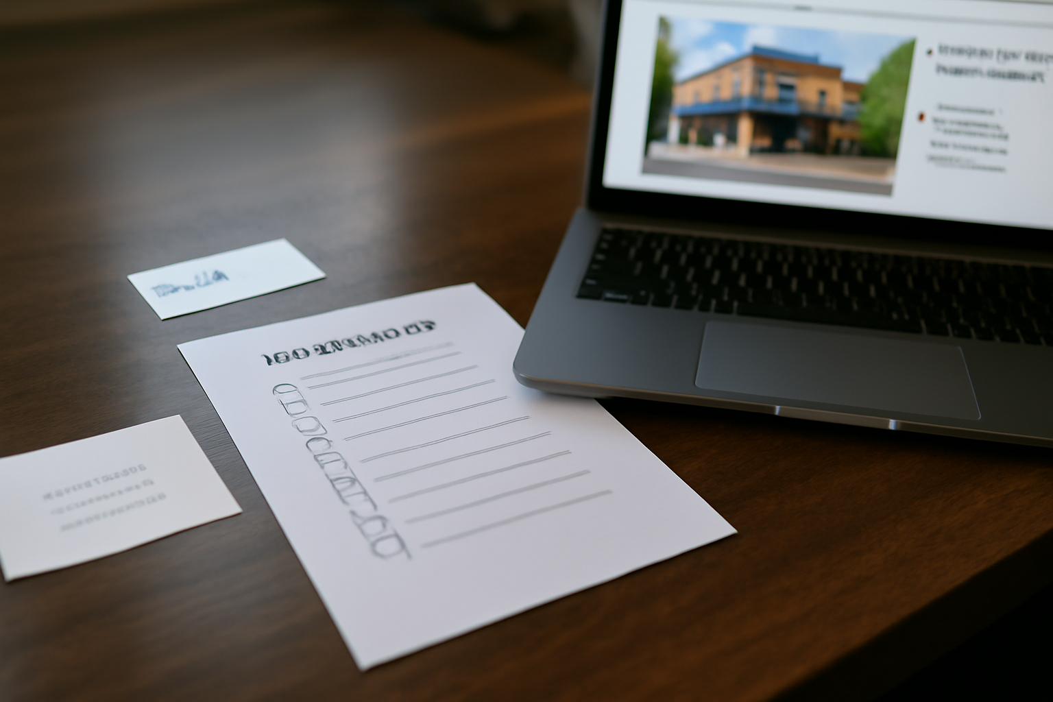 Bureau avec checklist NAP et documents d’entreprise pour le SEO local
