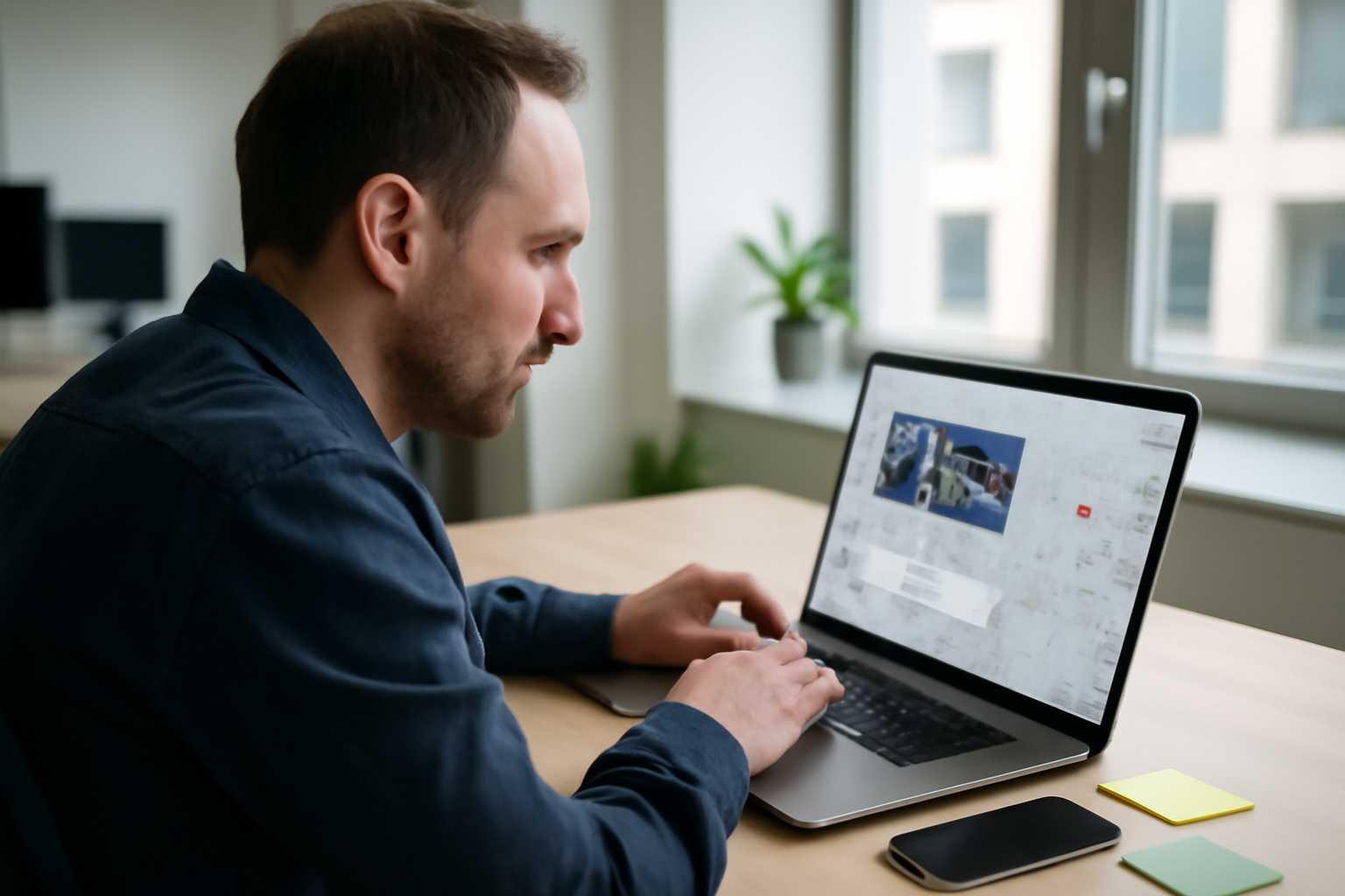 Consultant SEO local analysant une fiche Google Business Profile sur un ordinateur portable, bureau moderne