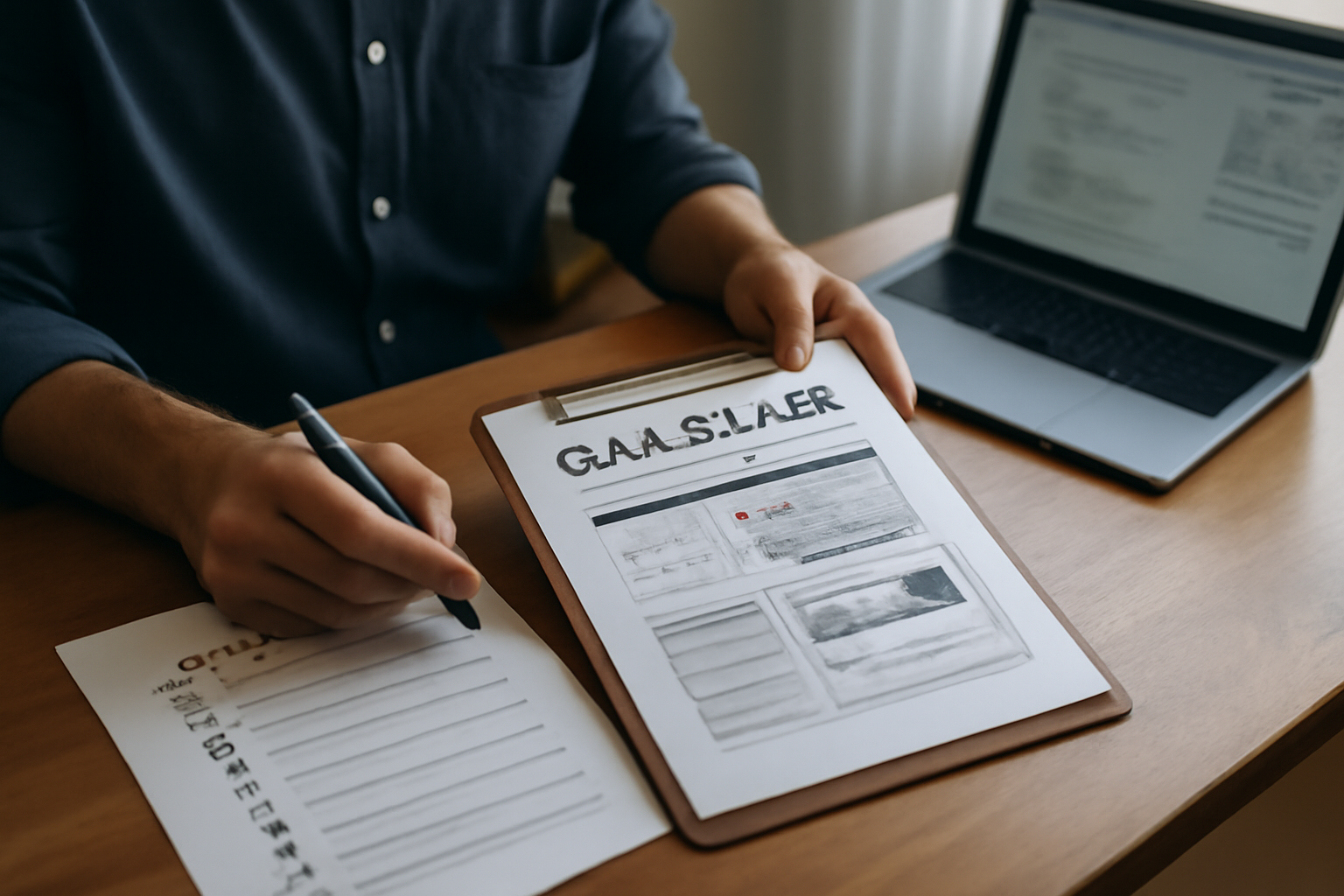 Technicien préparant un dossier pour un audit SEO local avec une feuille de contrôle NAP et captures d’écran