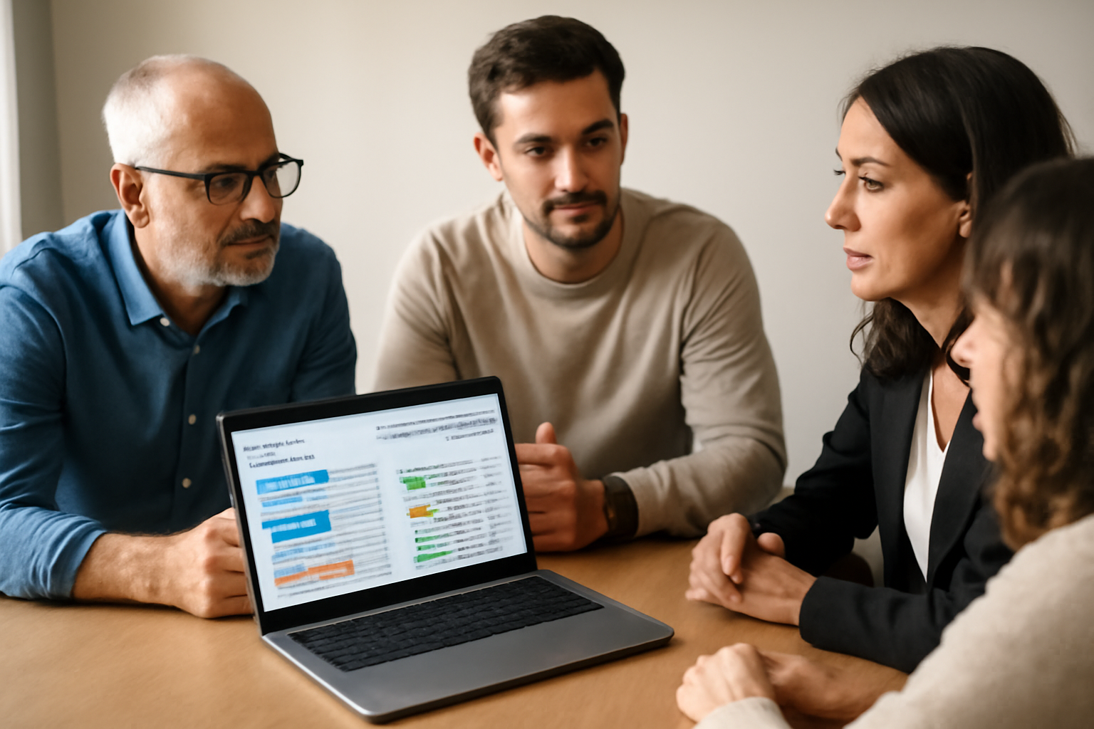 Équipe de PME discutant d’un plan d’action SEO local sur un ordinateur avec tableau de suivi des leads