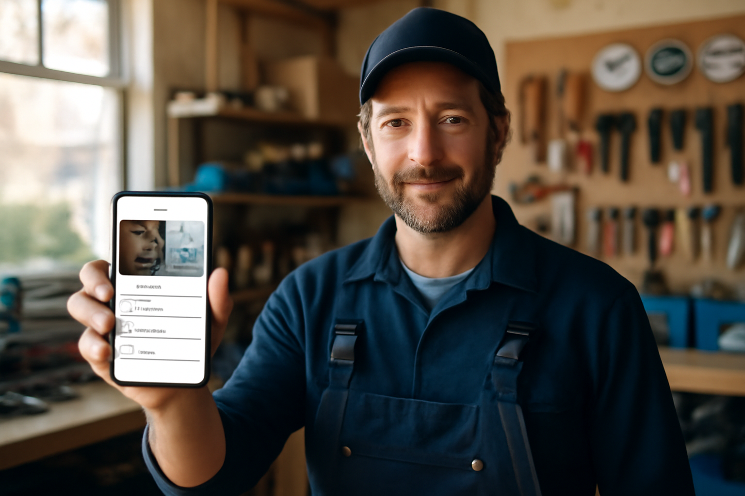 technicien local montrant sur smartphone un avis client et une fiche Google Business Profile