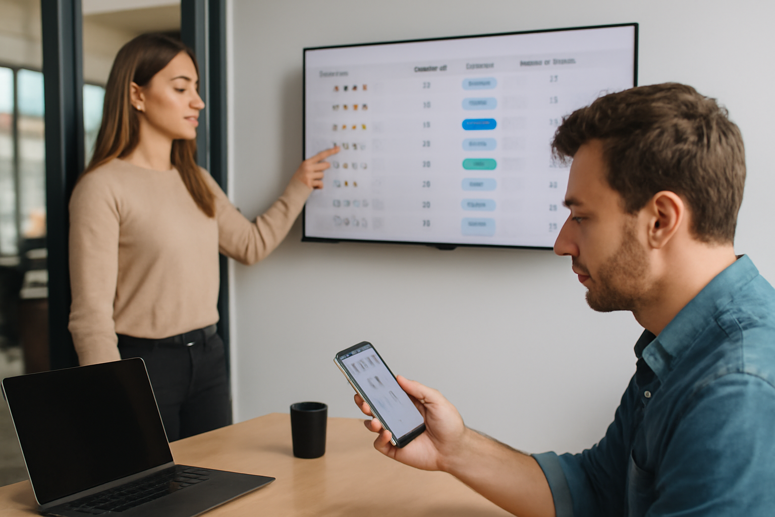 équipe commerciale utilisant un tableau de suivi des demandes de devis et des avis Google sur un écran