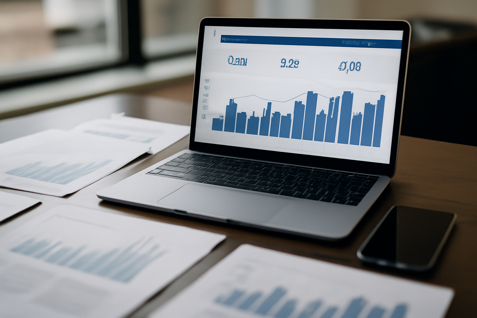 bureau avec documents imprimés et ordinateur affichant un tableau de suivi des leads et KPI SEO local