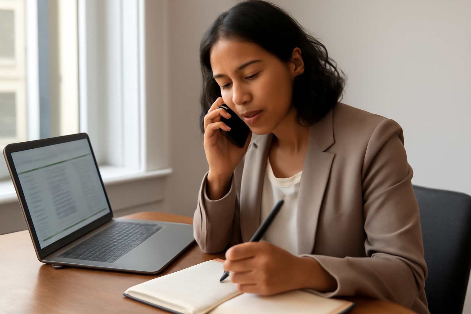 personne prenant des notes lors d’un échange professionnel au téléphone, carnet ouvert et ordinateur avec tableau de suivi