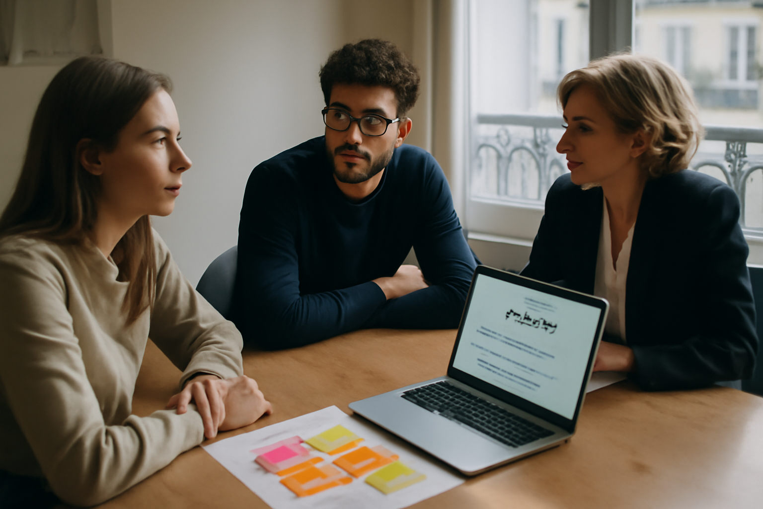 copy strategy def : réunion en agence autour d’un tableau de message