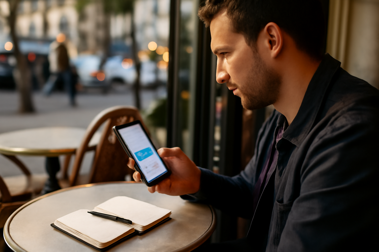dark social partage privé via smartphone dans un café à Paris