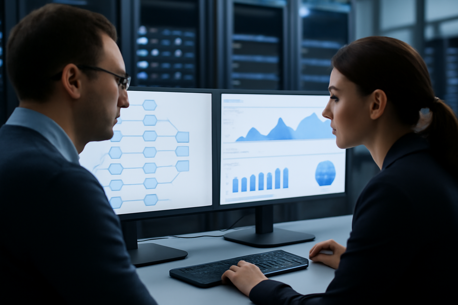 data lake data warehouse : équipe analysant un tableau de bord et un schéma de pipeline dans une salle serveurs