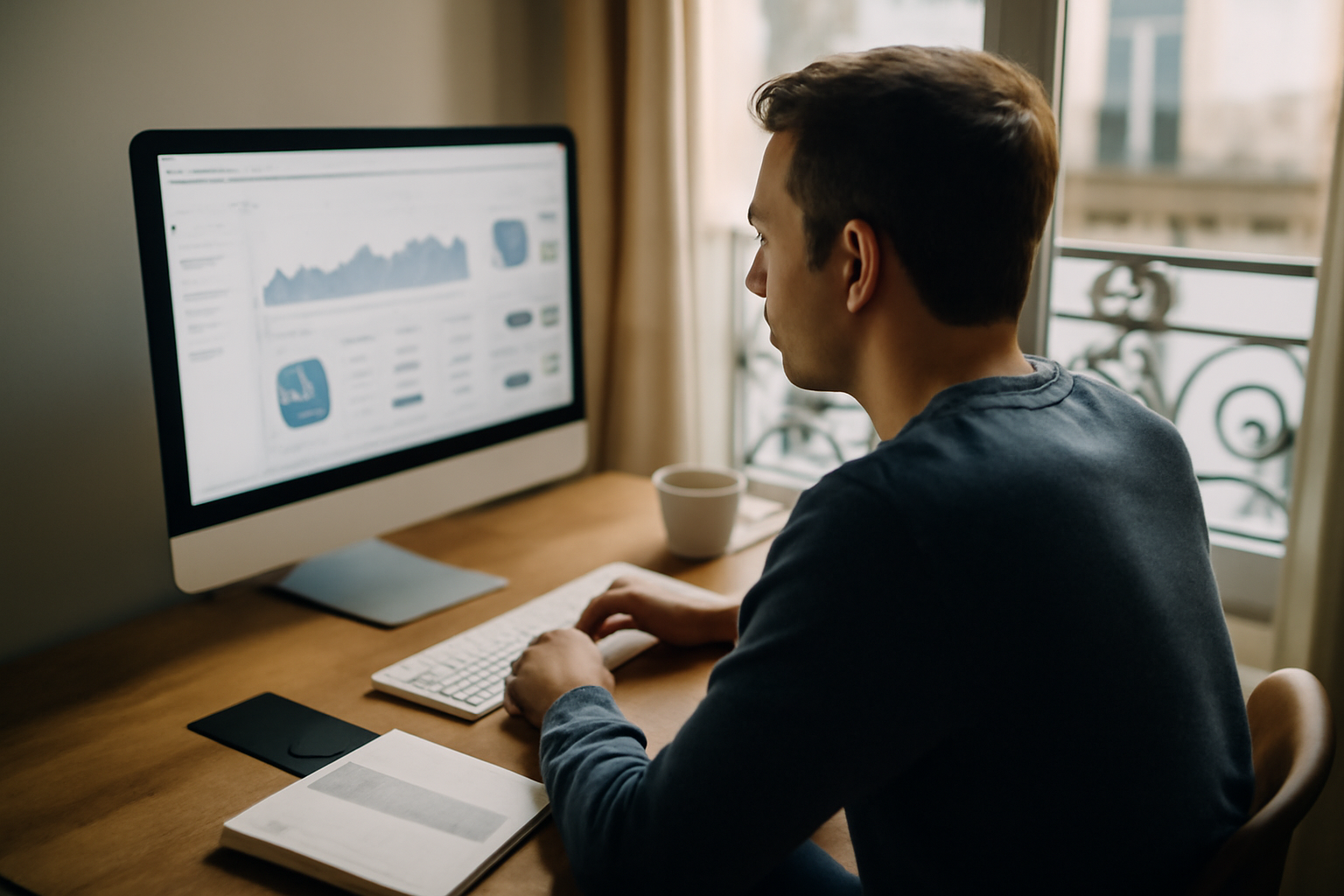 devenir community manager sans diplôme : poste de travail avec ordinateur, analytics et planner