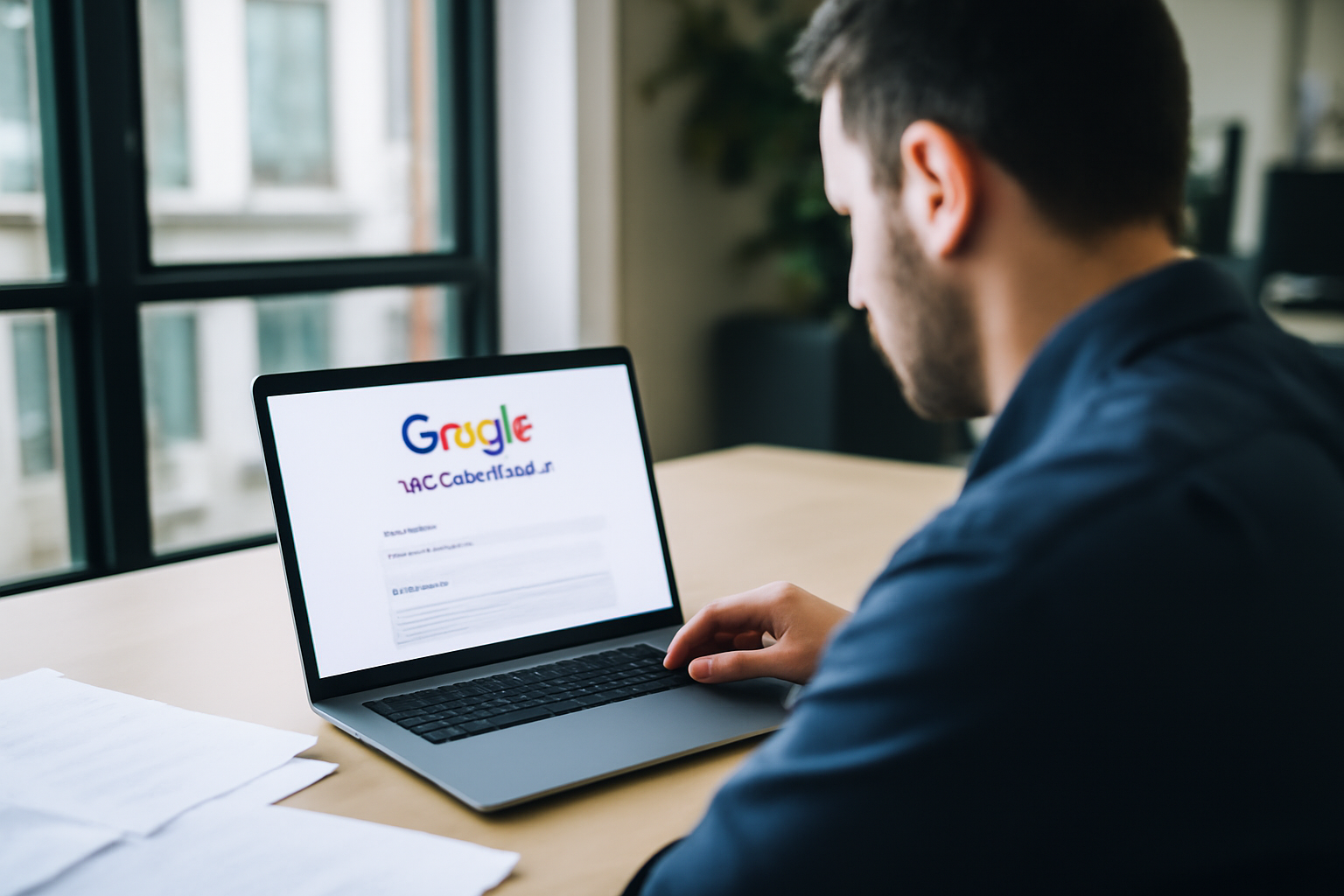 Technicien vérifiant les informations d’une fiche Google Business Profile sur un ordinateur portable devant un bureau professionnel