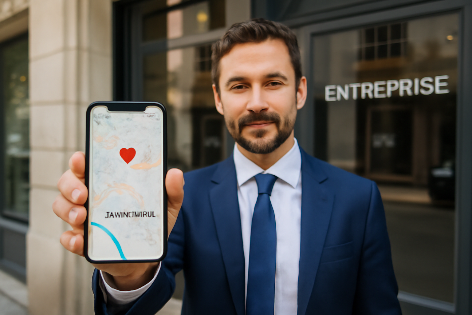 Smartphone affichant une carte avec une adresse et un numéro de téléphone d’entreprise, vue réaliste en extérieur