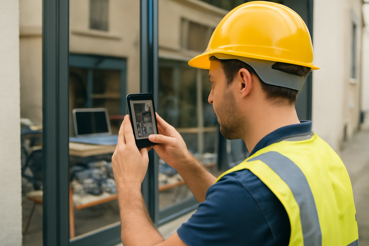 Employé prenant des photos d’un chantier et d’une vitrine pour alimenter une fiche Google Business Profile