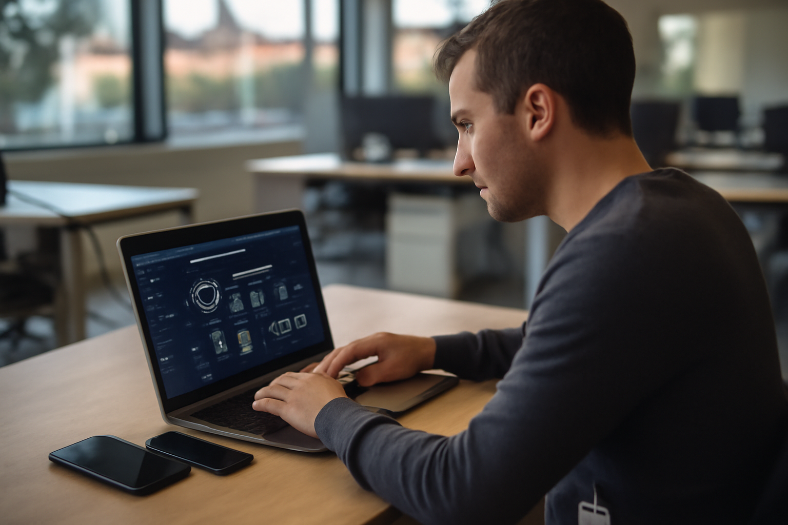 mdm mobile device management definition : administrateur IT configurant un tableau de contrôle sur écran avec smartphones d’entreprise