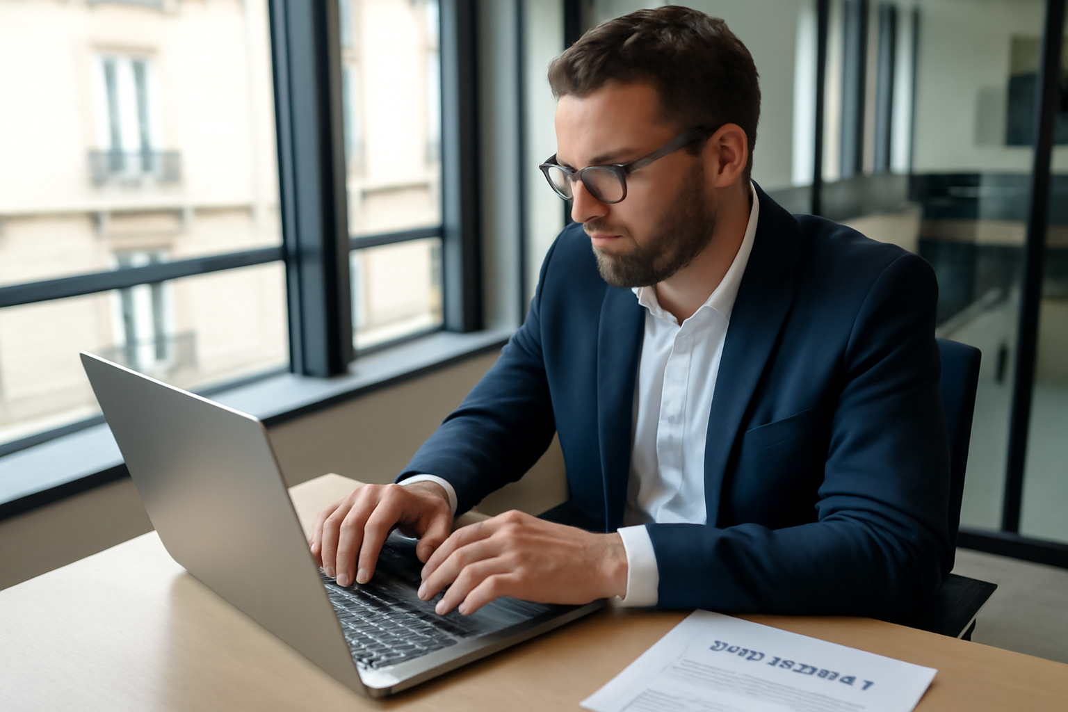 Personne consultant un ordinateur avec un document légal à côté, ambiance bureau en France
