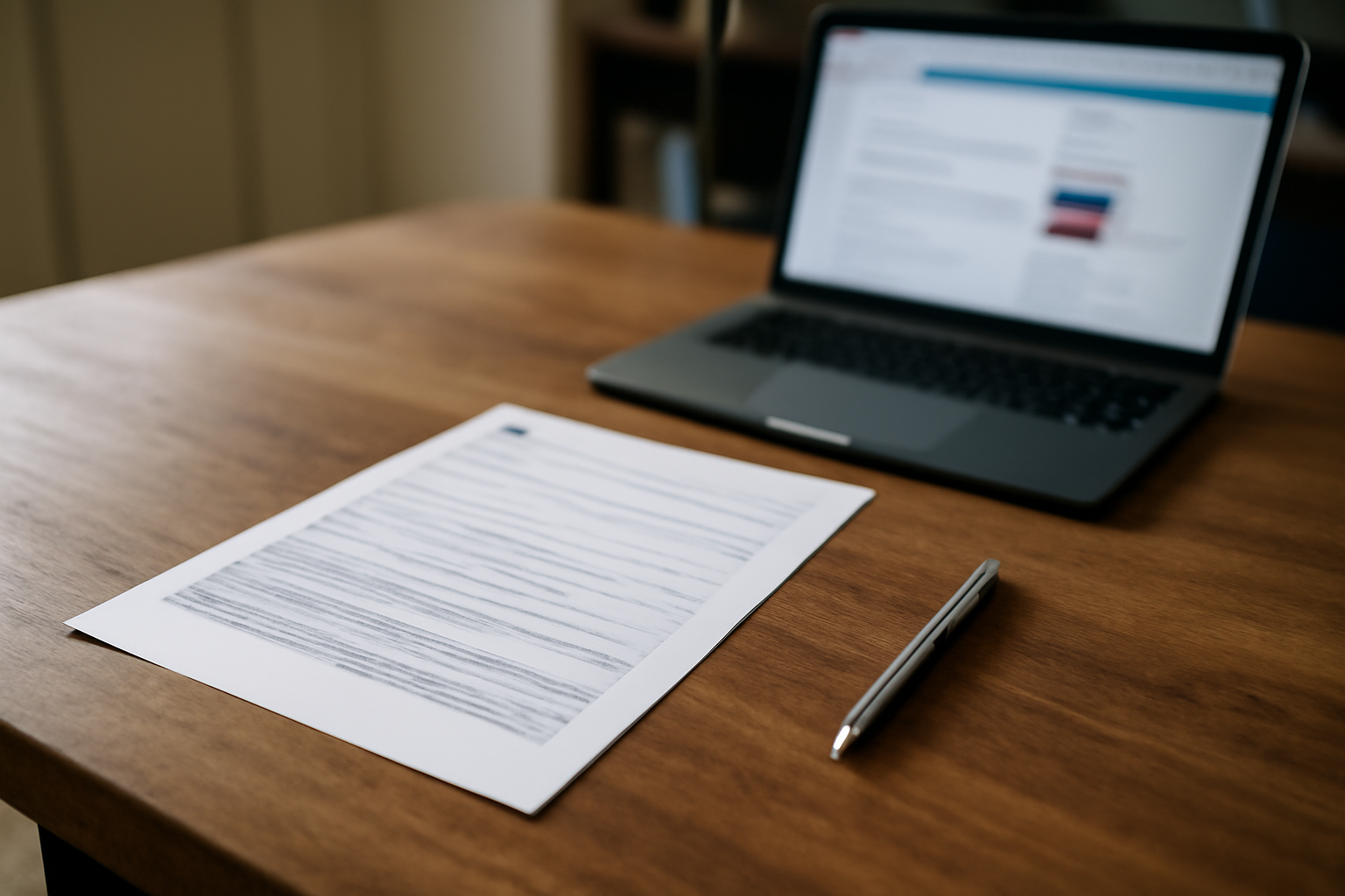 Document administratif français posé sur une table de travail, avec un stylo et un ordinateur