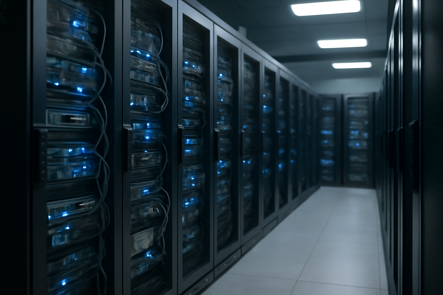 Salle serveurs informatique avec baies réseau, image réaliste pour illustrer l’hébergement