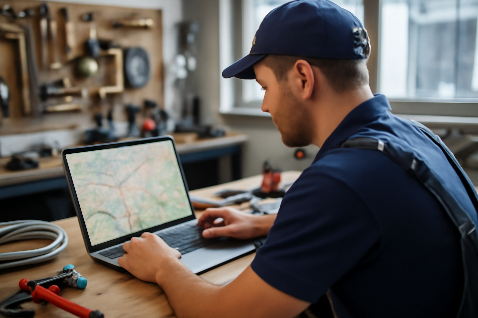 Technicien de plomberie consultant un ordinateur avec une carte locale sur l’écran, dans un atelier propre et lumineux