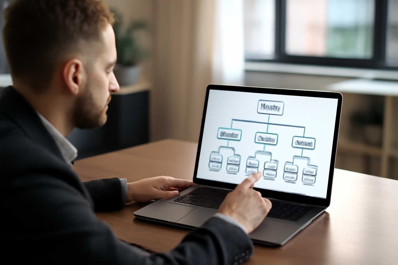 Plan de site sur un écran montrant des pages villes reliées à des pages services, dans un bureau avec ordinateur portable