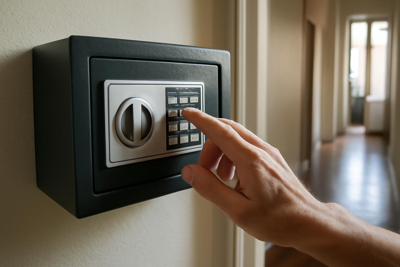 Petit coffre fort numérique fixé au mur, clavier à code visible dans un couloir lumineux