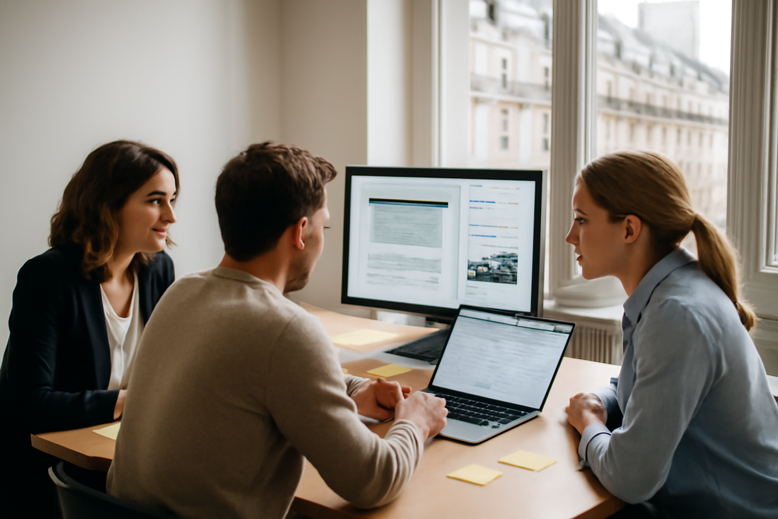 projet web : équipe en réunion devant maquette et écrans