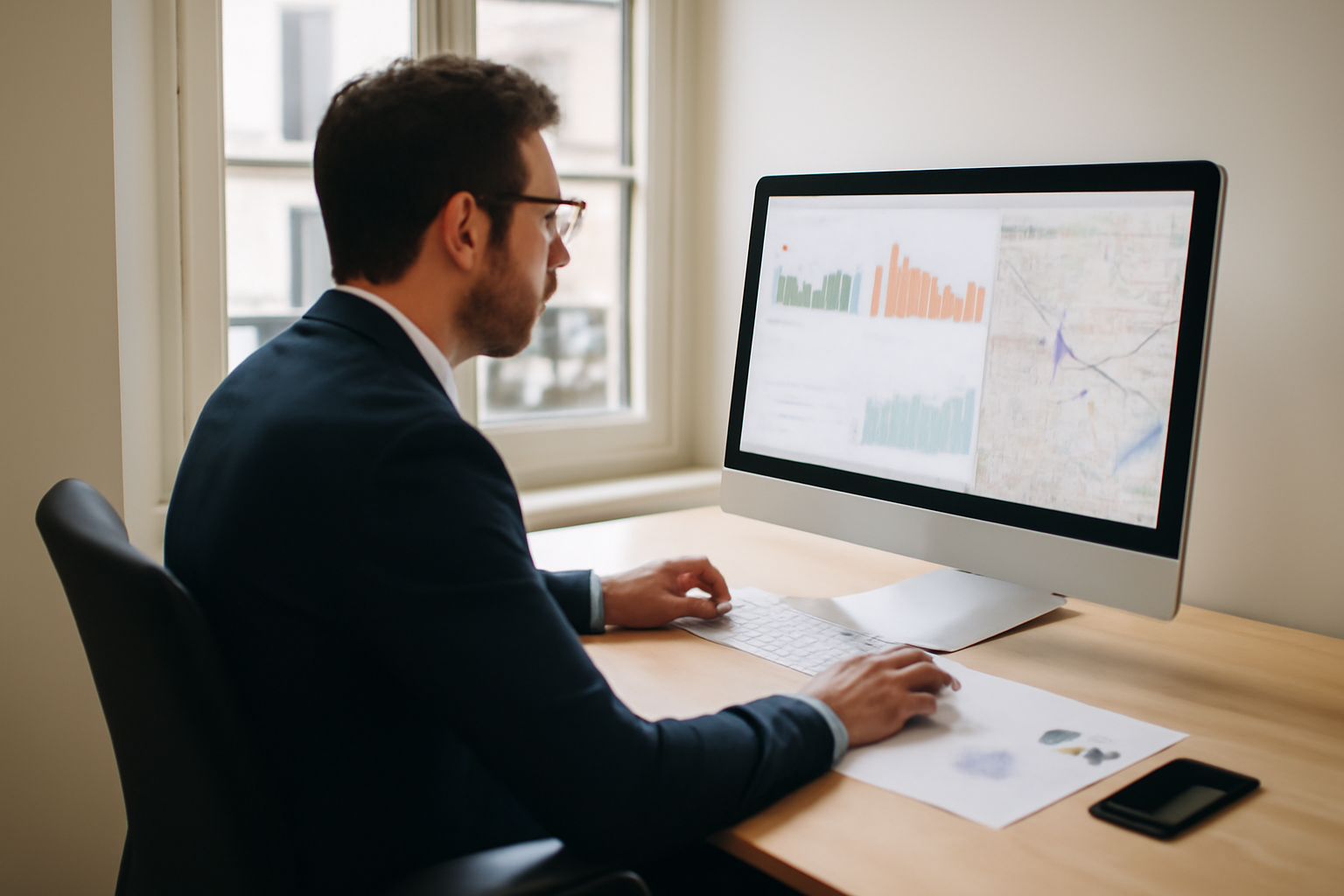 Technicien marketing consultant un tableau de bord sur ordinateur avec métriques locales visibles