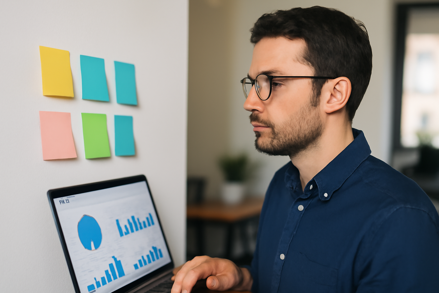 Technicien SEO analysant une liste d’actions prioritaires sur un tableau mural avec post-it