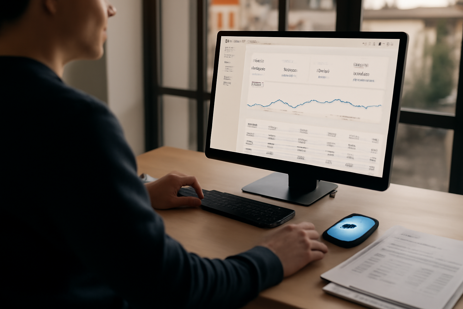 buy stripe avis : écran de dashboard Stripe sur un ordinateur en bureau, documents et téléphone à côté