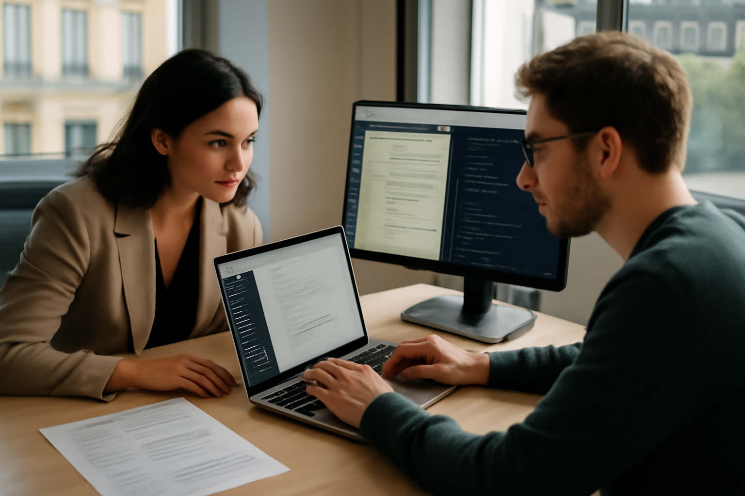 difference cms et framework : équipe web comparant un CMS et un framework sur écran, maquette et code