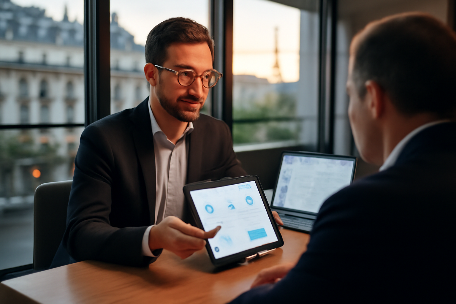 Ingénieur commercial digital en rendez-vous client avec tablette et tableau de bord KPI, lumière naturelle