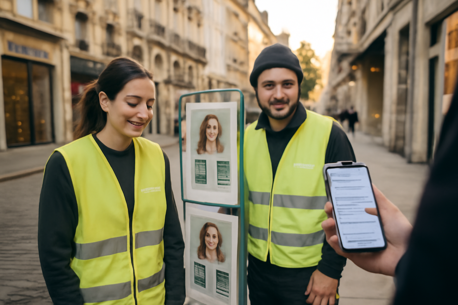 marketing alternatif sur une rue commerçante française avec équipe et affiches