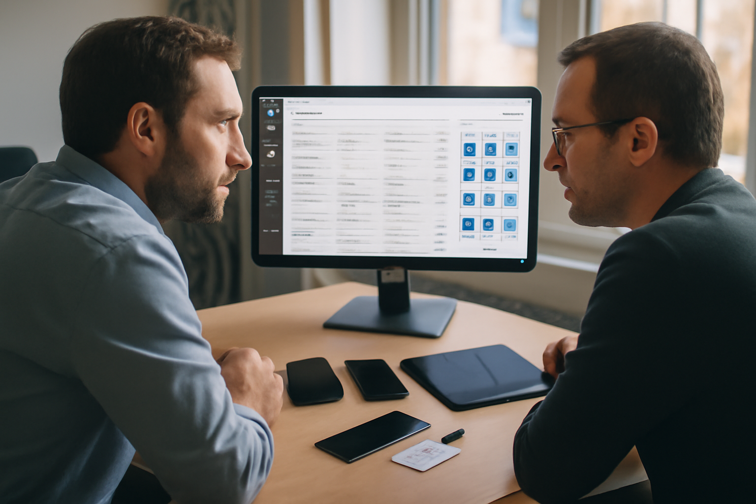 mdm mobile device management : équipe IT configurant une console de gestion mobile en environnement professionnel