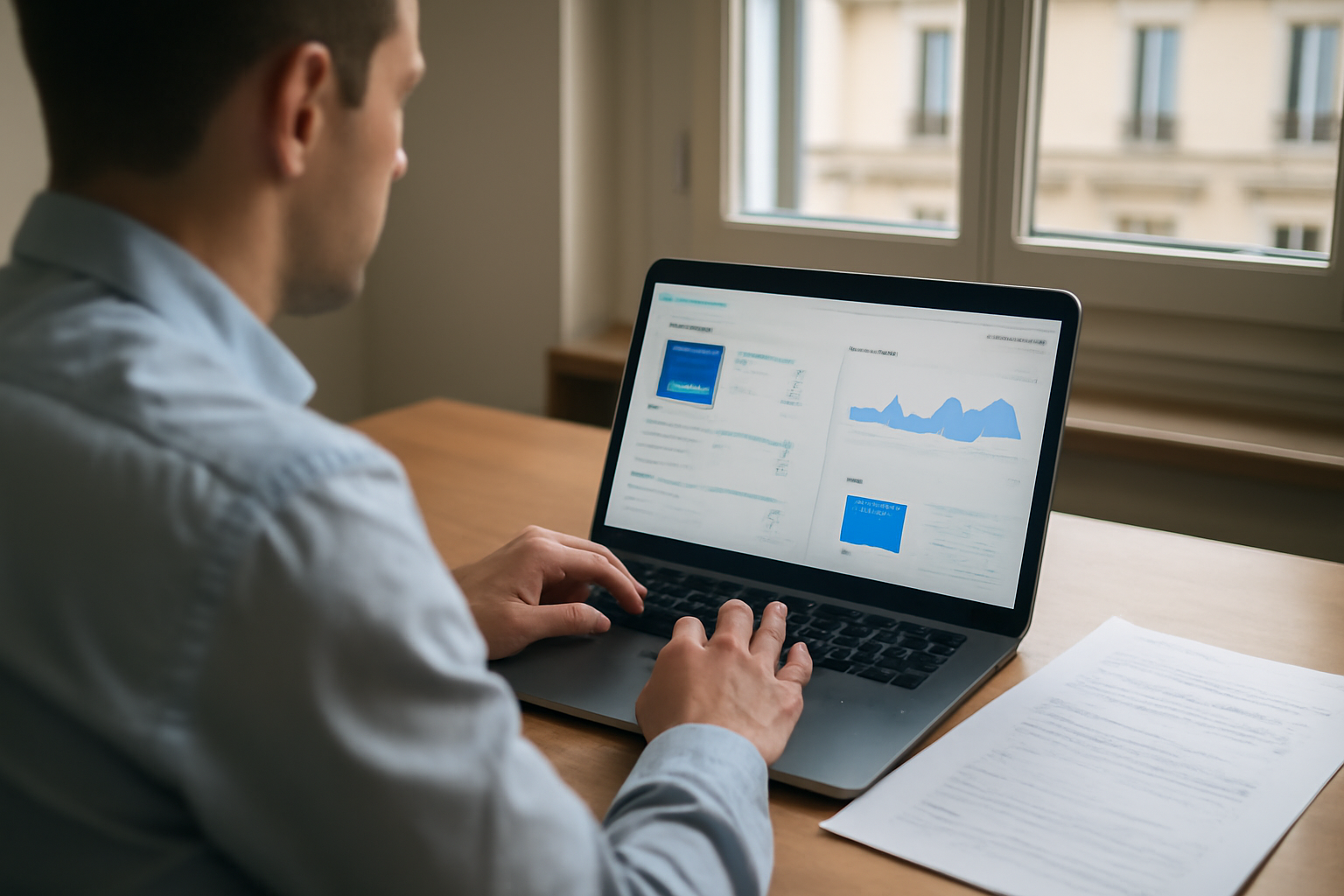 Consultant WordPress SEO vérifiant des rapports Search Console sur un ordinateur en bureau