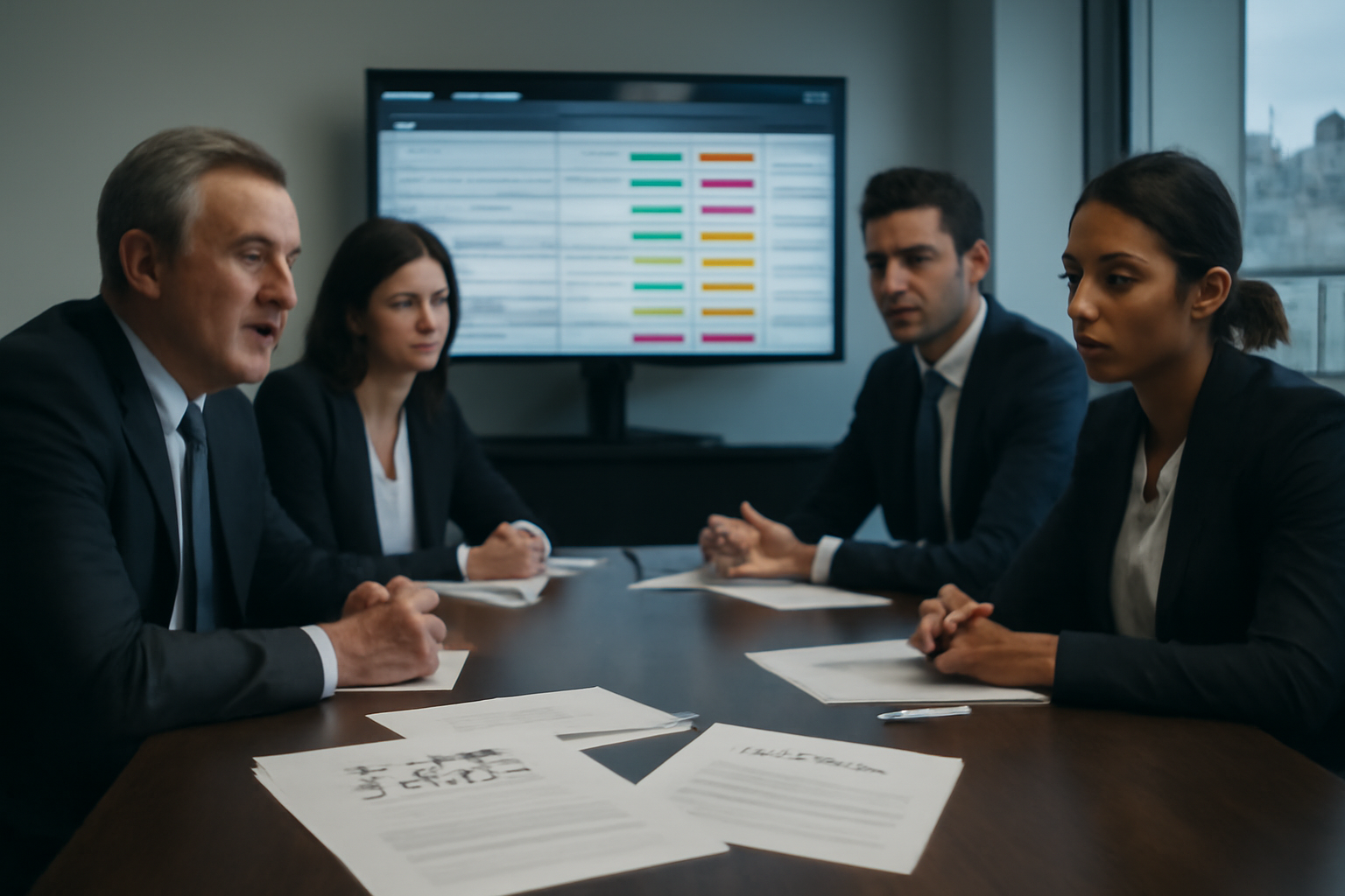 Équipe en salle de crise utilisant un guide de communication de crise sur un écran