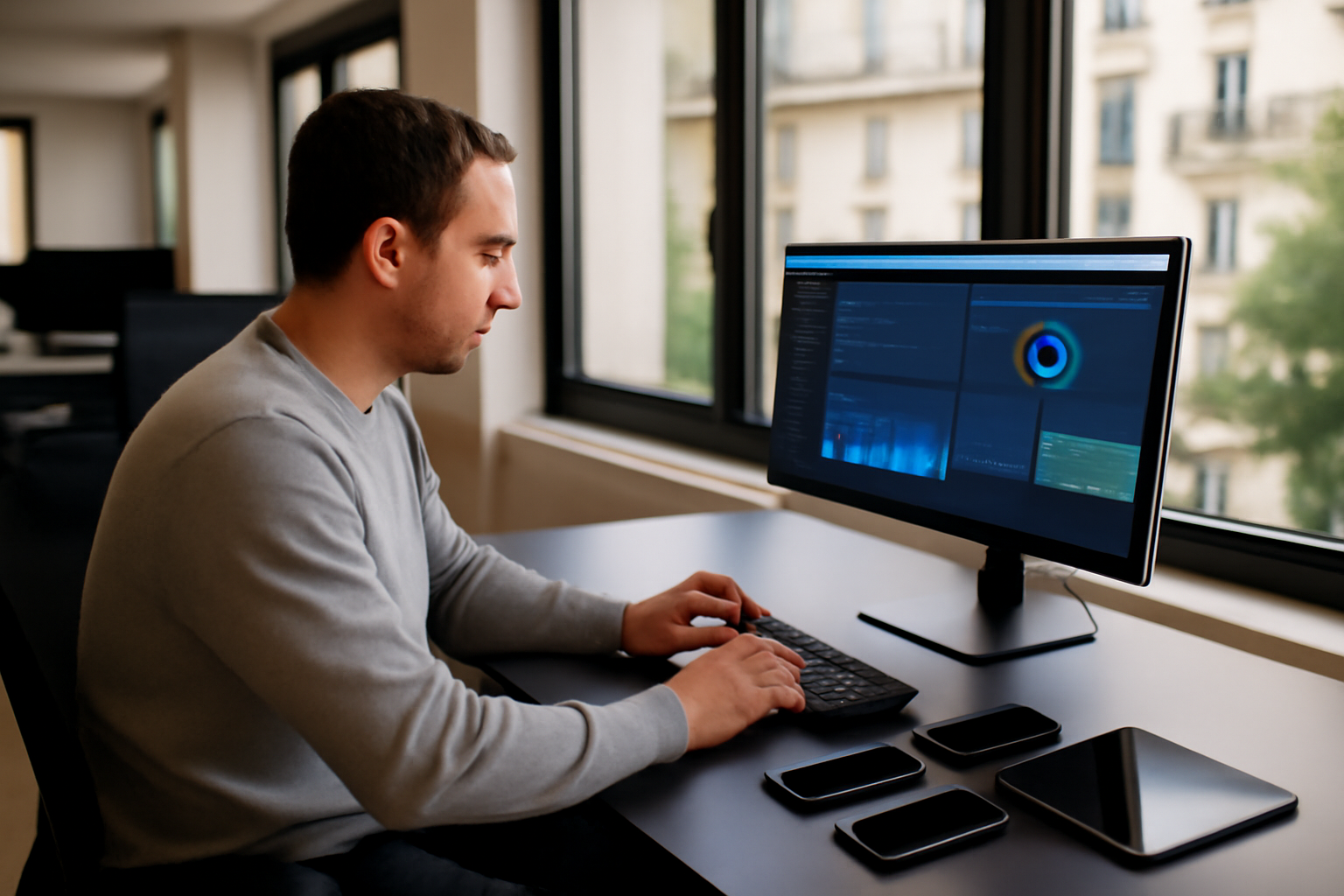 Responsable IT vérifiant un tableau de gestion mdm mobile sur écran, smartphones et tablettes sur un bureau, lumière naturelle