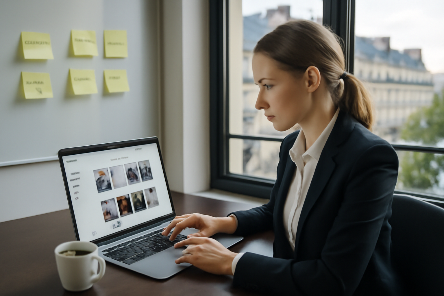 Équipe marketing configurant un tableau Pinterest business sur écran, ambiance bureau moderne, lumière naturelle