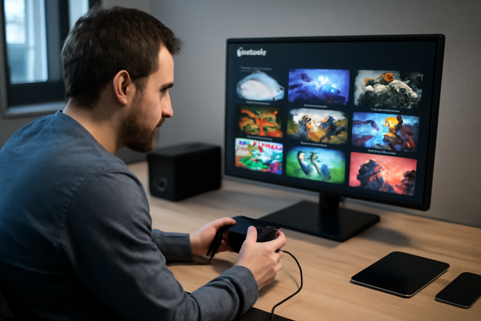 configuration cloud gaming sur PC : manette branchée et écran affichant une session en streaming