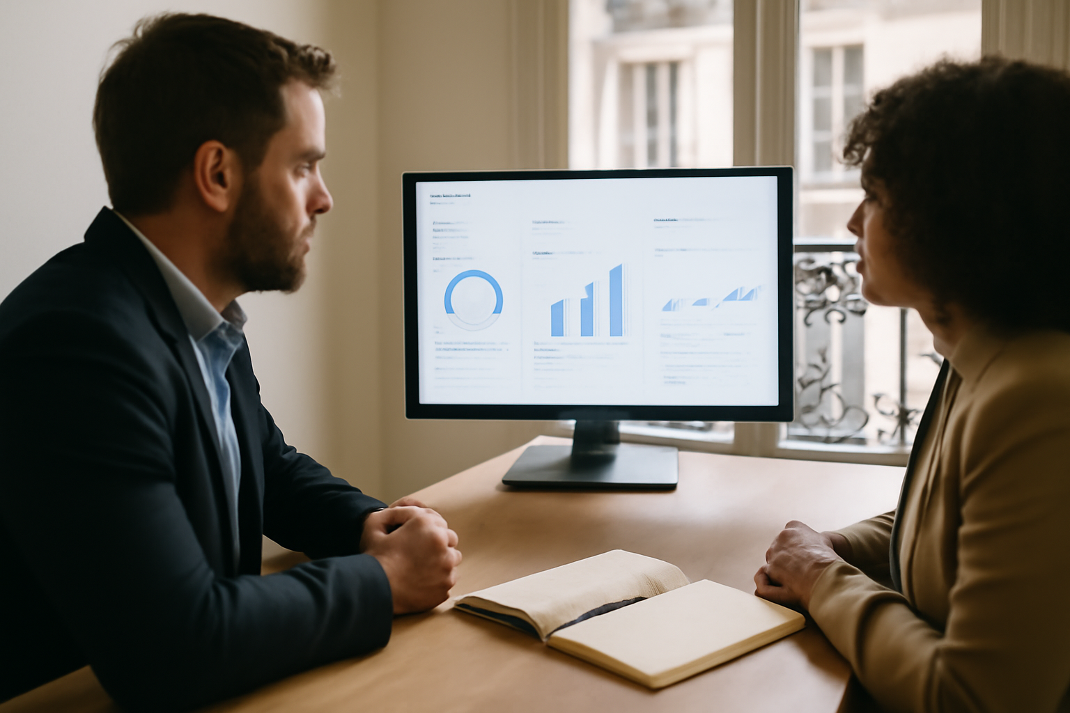 CRM c est quoi : équipe en salle de réunion consultant un tableau de bord CRM sur écran