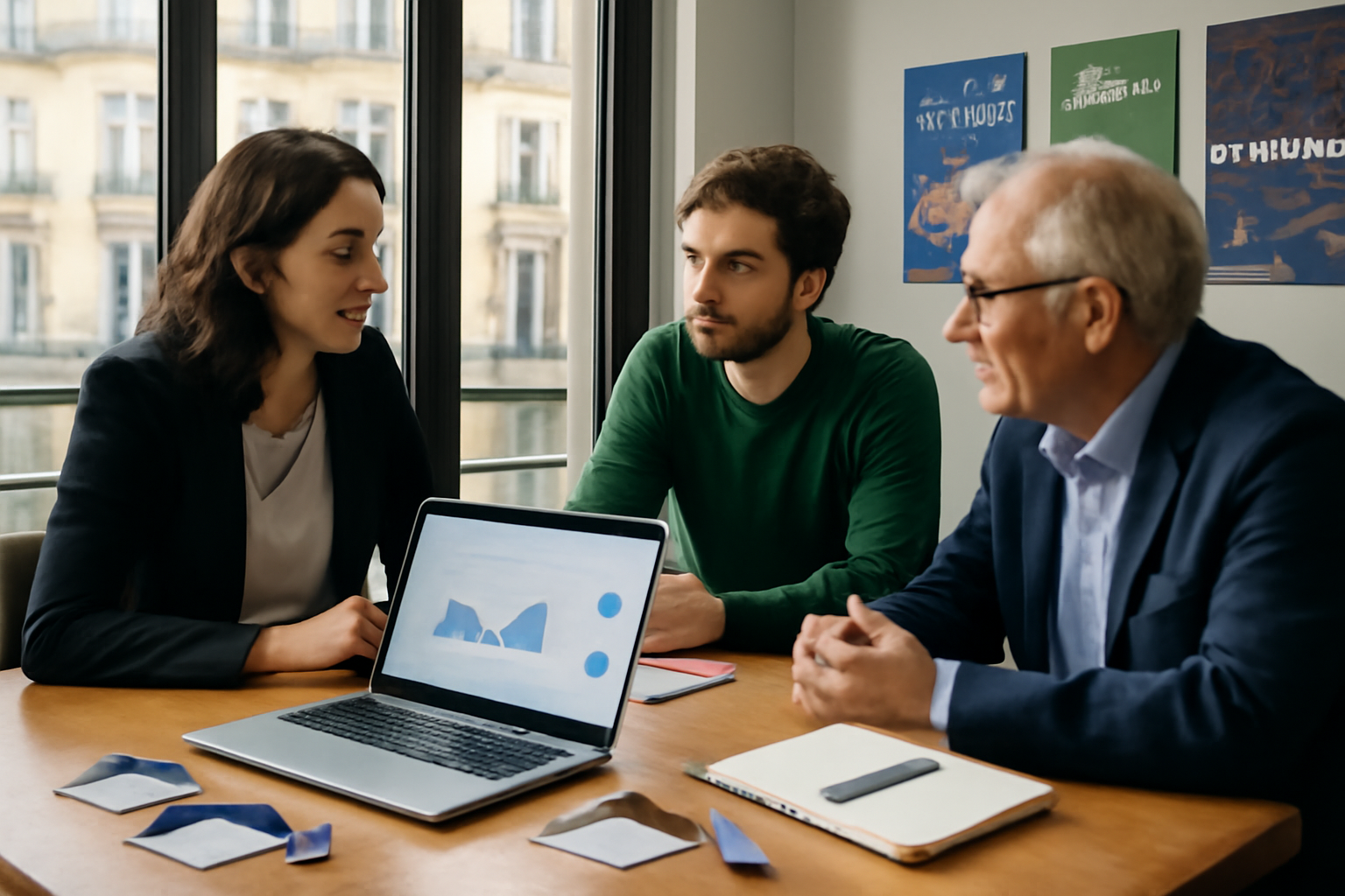 French Tech définition : équipe en coworking, badges et écrans avec indicateurs, Paris au premier plan, lumière naturelle