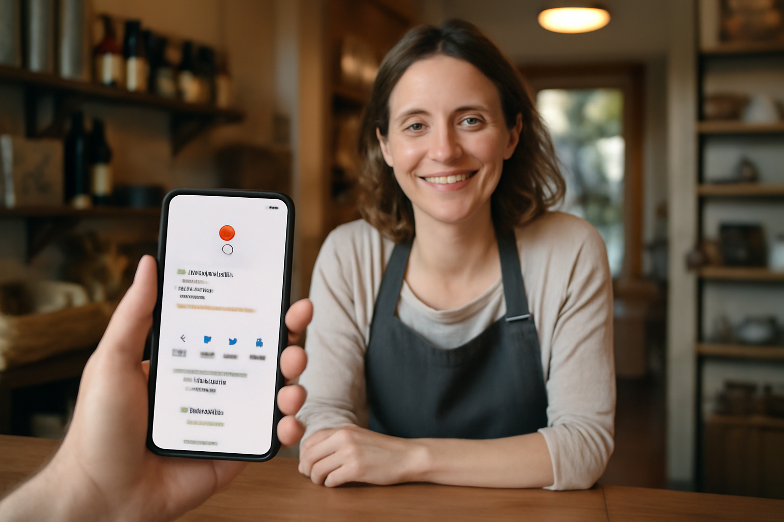 referencement local google my business : une fiche Google Business Profile affichée sur un smartphone au comptoir d’un commerce local