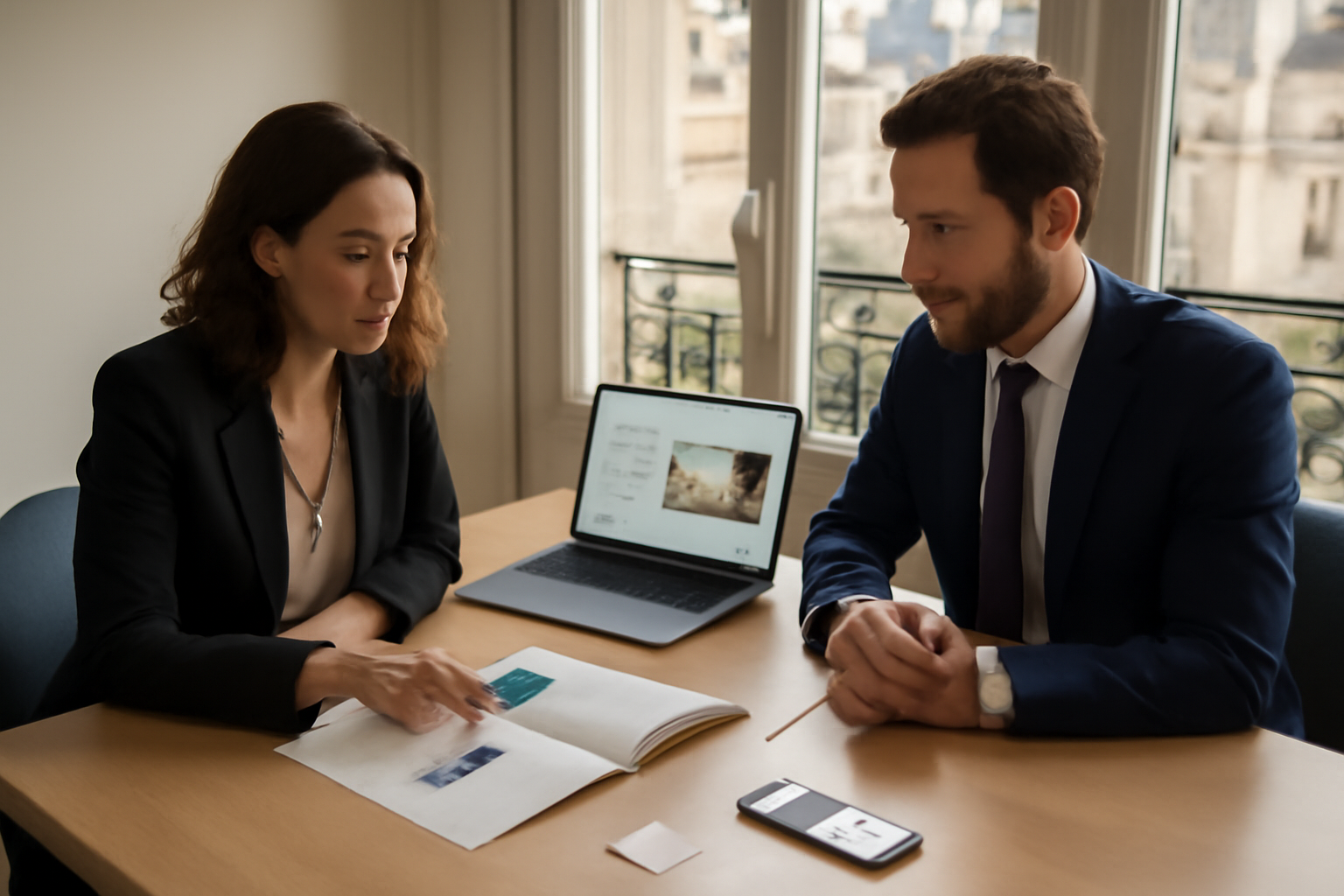 Supports de communication : équipe en réunion avec brochure, ordinateur et téléphone dans un bureau en France